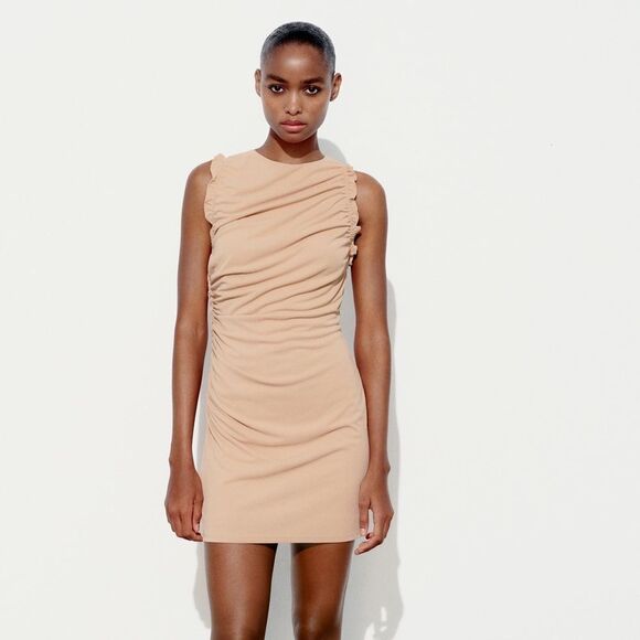 ZARA short ruffled dress size XS Beige NWT - Picture 1 of 8